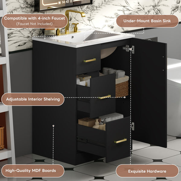 English Elm 24" Modern Bathroom Vanity with Under-Mount Sink, Vertical Stripe Design, 2 Drawers & Soft-Close Cabinet Black N710P288936B