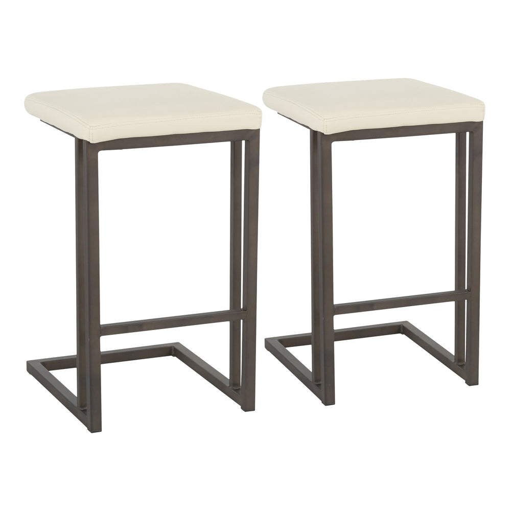 English Elm Roman Industrial Counter Stool Set of 2 — Antique Metal Frame, Cream Faux Leather Seat, Backless Chic Design B202P222352