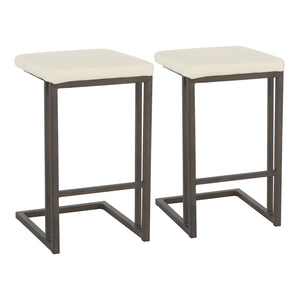 English Elm Roman Industrial Counter Stool Set of 2 — Antique Metal Frame, Cream Faux Leather Seat, Backless Chic Design B202P222352