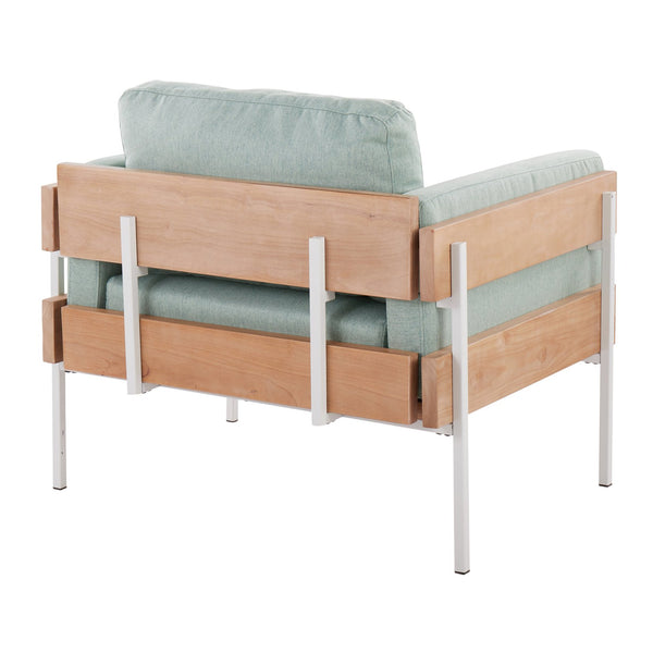 English Elm Kari Farmhouse Accent Chair with White Metal Frame, Natural Wood Panel and Plush Light Fabric Cushions Green B202S01296