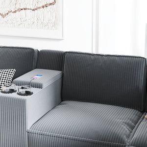 English Elm L-Shaped 4-Seater Corduroy Sofa With Storage Armrests, Usb Charging & Configurable Design, Grey W680S00050