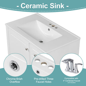 English Elm Christopher Knight Home® - 30" Freestanding Bathroom Vanity with Ceramic Sink, Soft-Close Door, Gold Knobs & 3 Drawers, Durable Painted Finish White N759P225994K