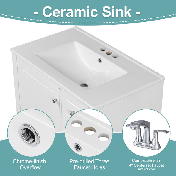 English Elm Christopher Knight Home® - 30" Freestanding Bathroom Vanity with Ceramic Sink, Soft-Close Door, Gold Knobs & 3 Drawers, Durable Painted Finish White N759P225994K