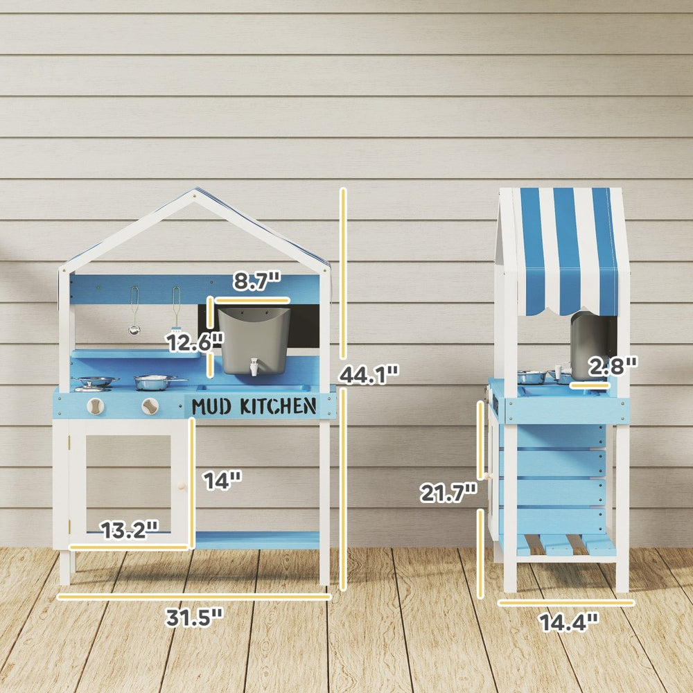 English Elm Kids Outdoor Mud Kitchen Solid Fir Wood Play Set with Sink Canopy and Stove Burners T3971P441912