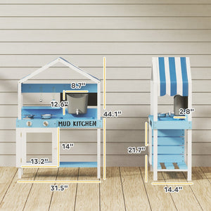 English Elm Kids Outdoor Mud Kitchen Solid Fir Wood Play Set with Sink Canopy and Stove Burners T3971P441912