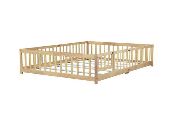 English Elm Queen Floor Bed with Safety Fence and Guardrails, Rubberwood Low Profile Platform for Kids Natural W504P286389