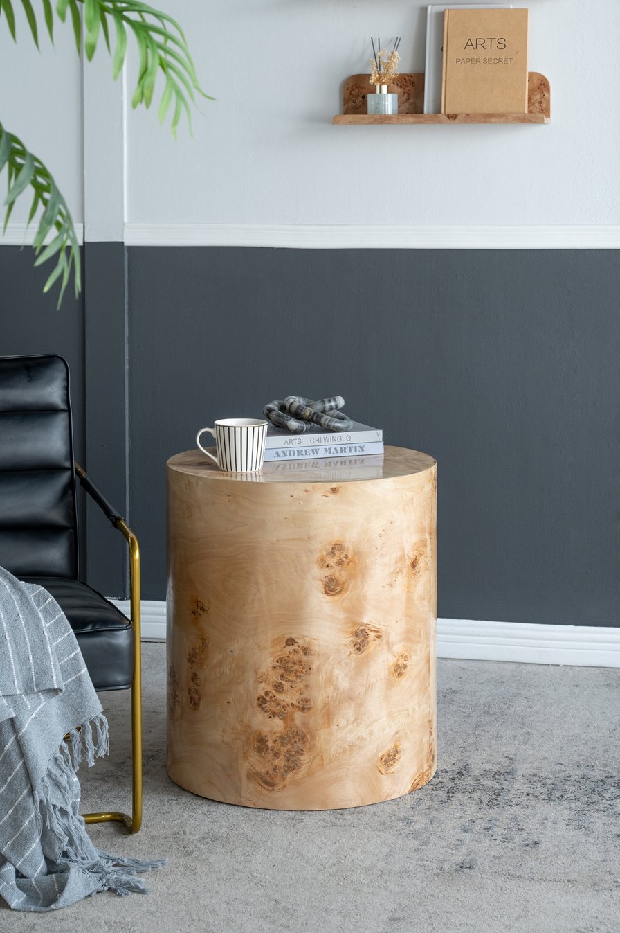 English Elm 20x20x24" Burl Wood Brown Cylinder Side Table — Eco MDF Nightstand, Decorative Pedestal, Visible Grain Finish W2078P410089