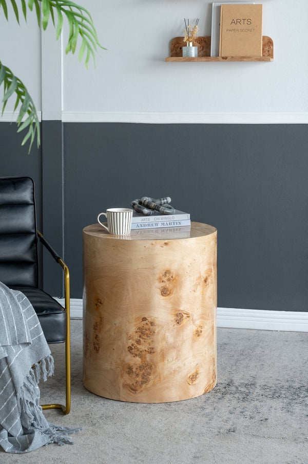 English Elm 20x20x24" Burl Wood Brown Cylinder Side Table — Eco MDF Nightstand, Decorative Pedestal, Visible Grain Finish W2078P410089