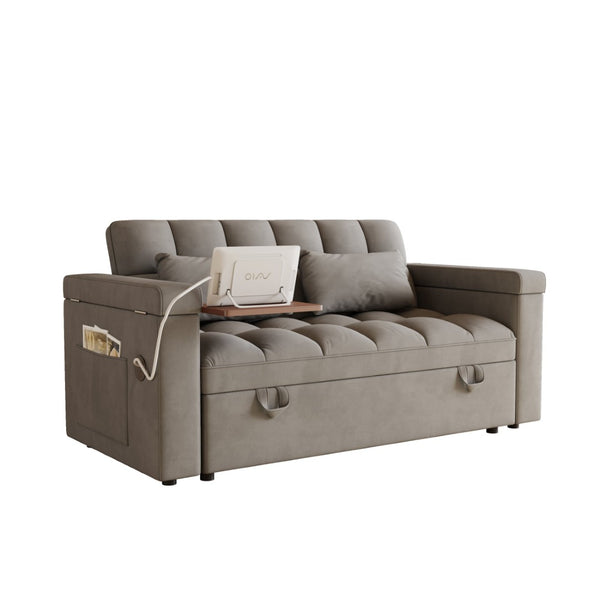 English Elm 65-inch Velvet Convertible Sleeper Sofa with Usb Port Storage Armrests Adjustable Back Dark Gray W2564S00115