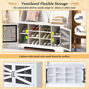 English Elm U-Can Entryway Bench with Coat Rack and Shoe Cabinet, 7 Hooks, Adjustable Shelves, Sturdy MDF White N724P264668K