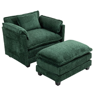 English Elm 55.32*39.76" Boucle Single Sofa with Ottoman, Wide Deep Cushion, Wrapped Arms, Storage Pockets, Cozy Contemporary Appeal Dark Green W2715P269753