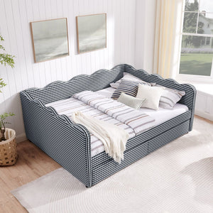 English Elm Queen Gingham Linen Daybed with Wave Backrest Two Storage Drawers and Usb Port Navy Blue W1413S00152