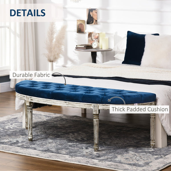 English Elm HOMCOM Vintage Semi-Circle Upholstered Entryway Bench with Tufted Velvet-Touch Seat and Rubberwood Legs Blue W2225P217019