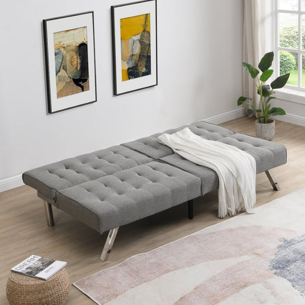 English Elm Wood Frame Futon Sofa Bed With Stainless Steel Legs - Grey Faux Linen, Space-Saving & Stylish Design W2297P247601-GIGA