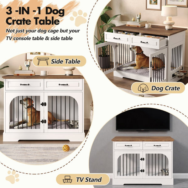 English Elm 43.3" Farmhouse Mdf Dog Crate Console with Drawers and Rotating Bowls for Large Breeds N704P414580A