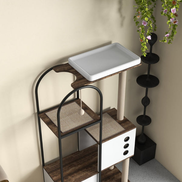 English Elm Cat Tower Five Tier Modern Tree with Steel Frame Scratching Posts and Cozy Hideout Cabinets W1687P487159