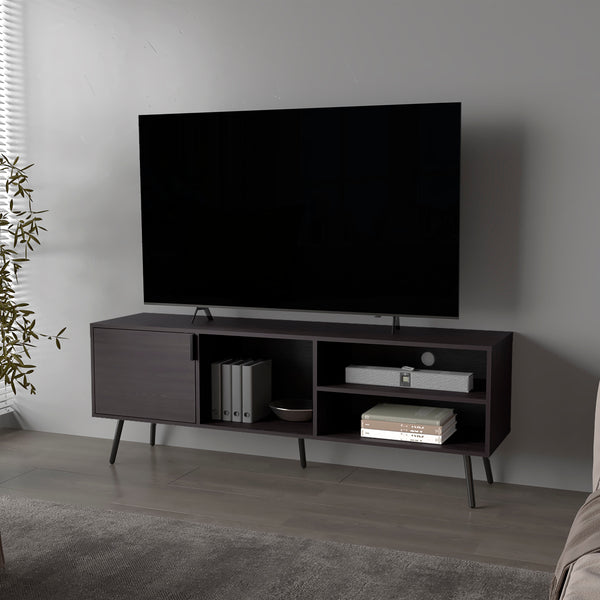 English Elm Mescal modern TV stand with concealed door and open shelving, conical legs, sleek storage center Wenge 68.5 L x 20.9 W x 5.1 H B128P263711