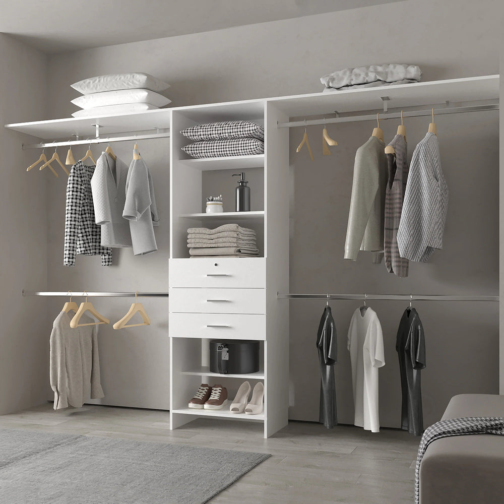 English Elm White Modular Closet Organizer System with Shelves, Drawers & Multiple Hanging Rods for Walk-In Closets and Bedrooms, Durable White Finish, Customizable Storage Solution B062S00623