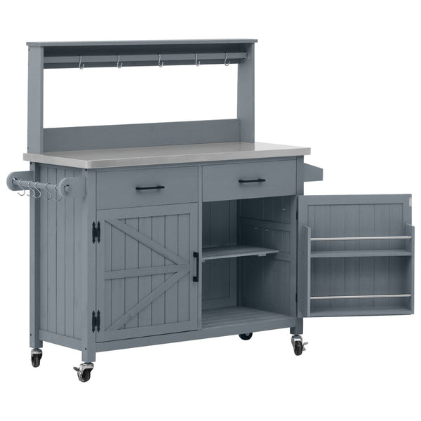 English Elm K&k Solid Fir Grill Cart Stainless Steel Top Outdoor Kitchen Station with Locking Wheels Grey+Blue N707P409087G