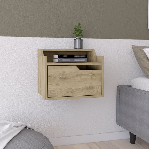English Elm Floating Nightstand Macadamia - Modern Wall-Mount Dual-Tier with Spacious Drawer, Durable Engineered Wood B097P199741