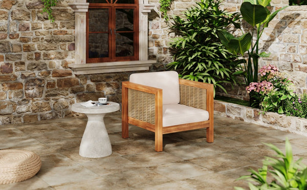 English Elm Acacia Wood Outdoor Lounge Chair with Wicker Arms Teak Finish Patio Seating N779P359686B
