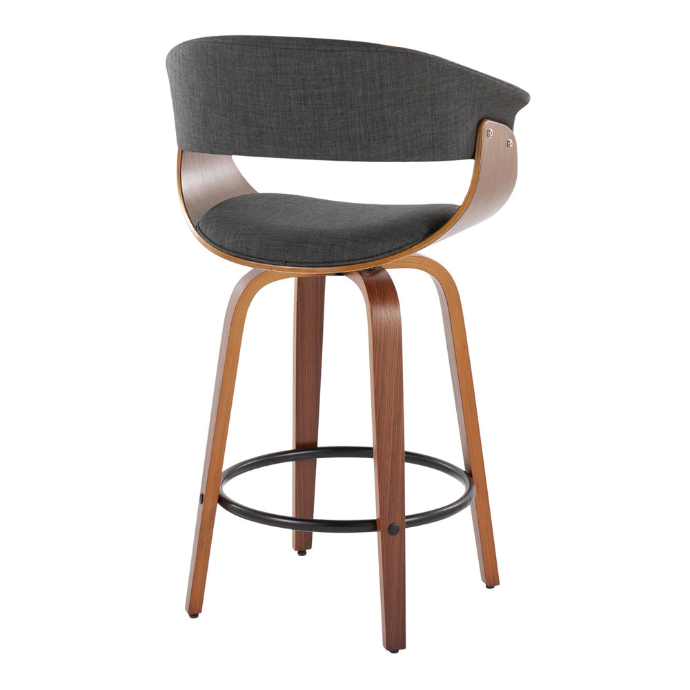 English Elm Vintage Mid-Century 26" Counter Stool Set with Swivel, Walnut Bentwood Legs & Padded Backrest Charcoal B202S00465