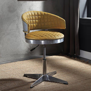 English Elm Turmeric Top Grain Leather Swivel Stool with Chrome 4-Star Base, Casters, Adjustable Height and Supportive Backrest B062P189158