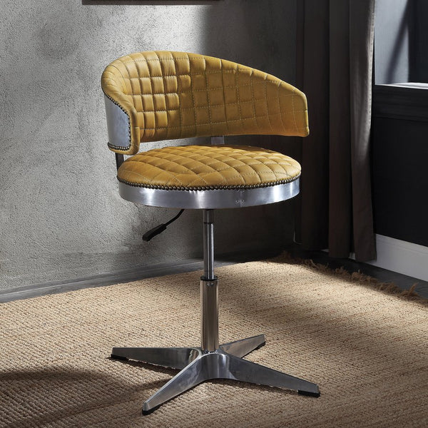 English Elm Turmeric Top Grain Leather Swivel Stool with Chrome 4-Star Base, Casters, Adjustable Height and Supportive Backrest B062P189158