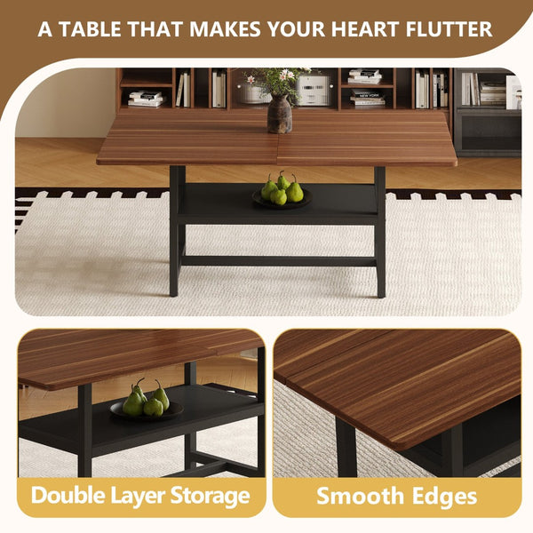 English Elm Table and Chair Set 71 Inch Walnut Grain Dining with 6 Pu Upholstered Seats Walnut+Black W1151S04278