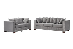 English Elm Modern Velvet Sofa Set 2+3 Seater With Square Armrests & Silver Nailhead Trim For Stylish Comfort W1097S00191