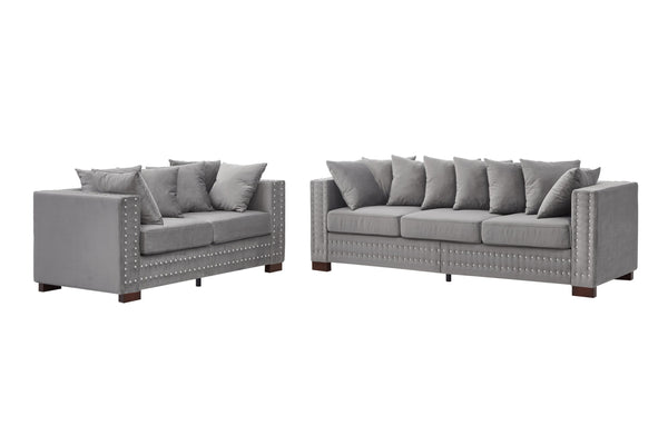 English Elm Modern Velvet Sofa Set 2+3 Seater With Square Armrests & Silver Nailhead Trim For Stylish Comfort W1097S00191