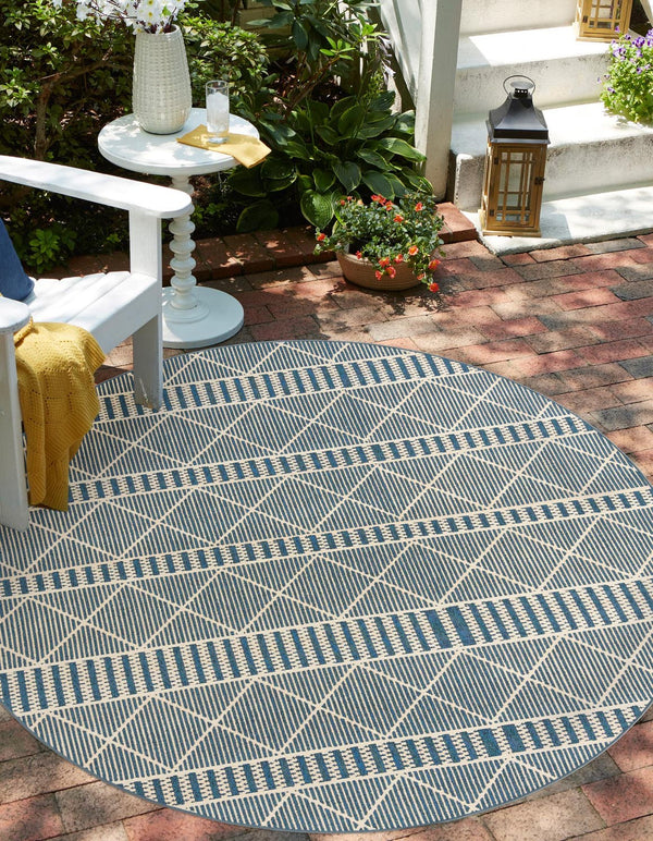 Unique Loom Outdoor Trellis Dalyan Machine Made Striped Rug Blue, Ivory 7' 10" x 7' 10"