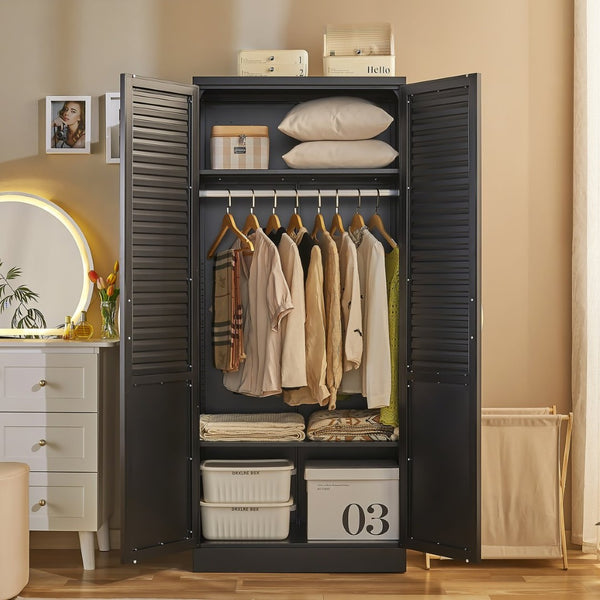 English Elm Armoire Steel Frame Open Wardrobe with Full Length Mirror and Adjustable Shelving T5667P471070
