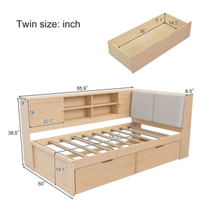 English Elm Wooden Twin L-shaped Corner Bed Pine Frame Bookcase Storage Usb Charging Ports BS701P337660N