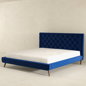 English Elm Ashcroft Furniture - Dillon Luxurious Blue Velvet King Platform Bed With Scrolled Headboard And Nailhead Trim Design B183S00093