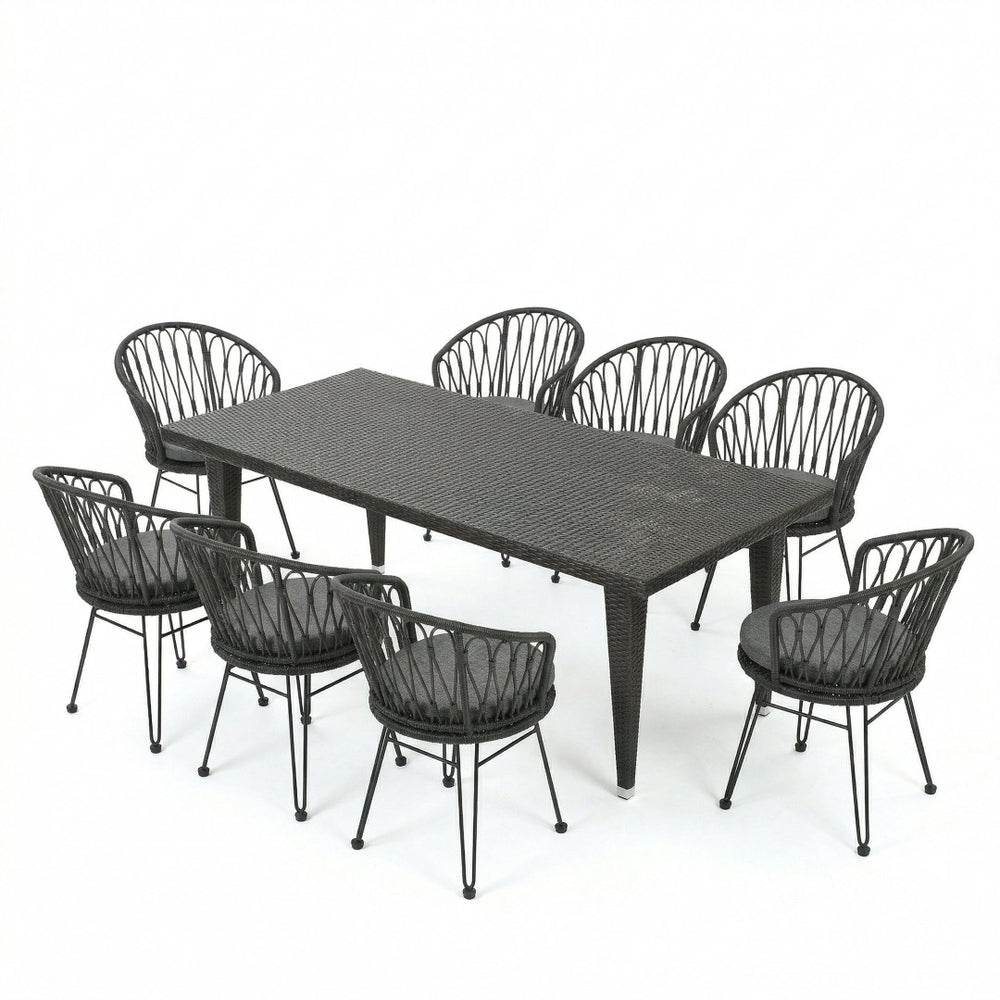 English Elm 9 Piece Outdoor Wicker Dining Set Seats 8 with Iron Frame Pe Rattan Patio Table N762S000016AAE