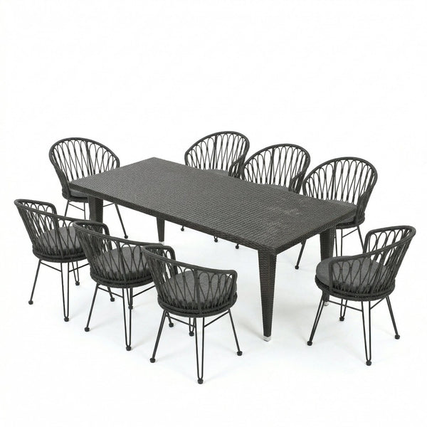 English Elm 9 Piece Outdoor Wicker Dining Set Seats 8 with Iron Frame Pe Rattan Patio Table N762S000016AAE