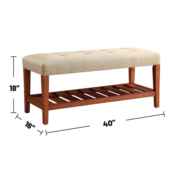 English Elm Fabric Upholstered Bench with Tufted Padded Seat, Open Lower Shelf, Tapered Wood Legs, 43"L Beige,Oak B016P311082