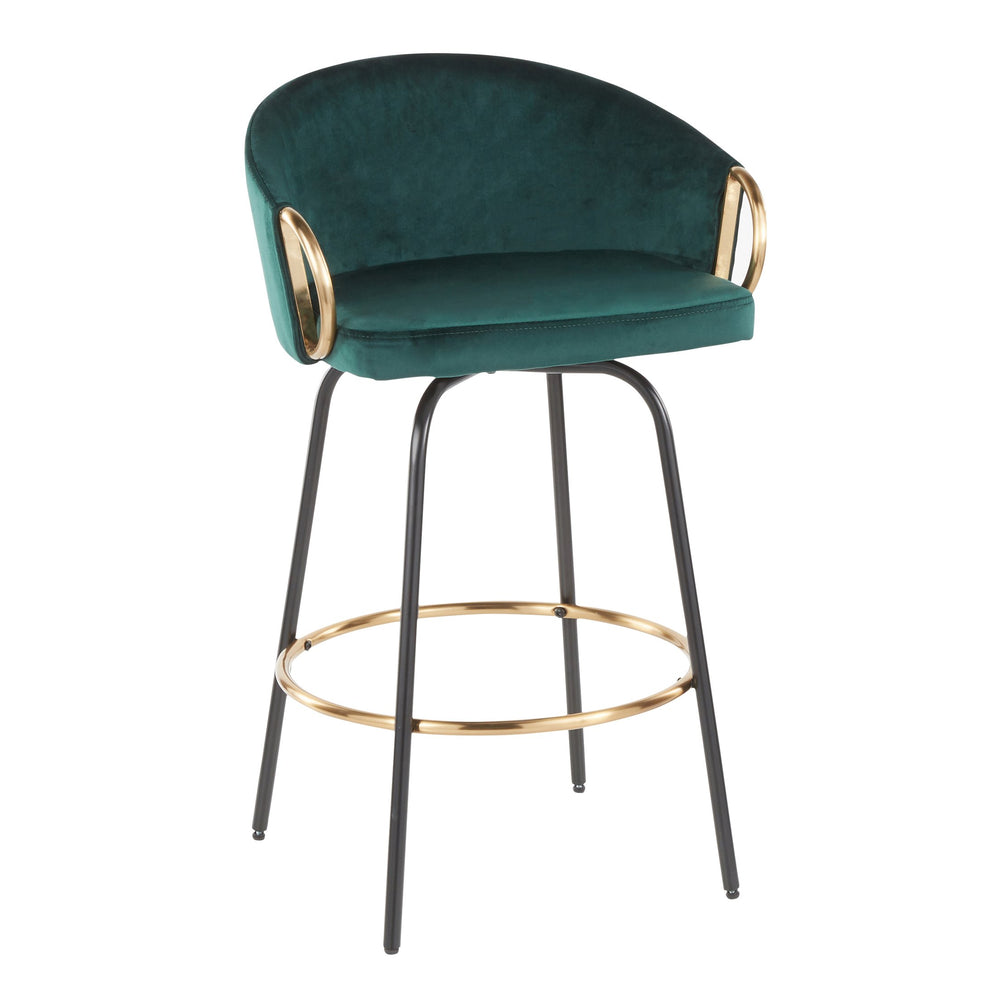 English Elm Claire Contemporary Glam Counter Stool Set of 2 — Emerald Velvet Swivel, Gold Arms, Black Metal Frame, Chic B202S00198