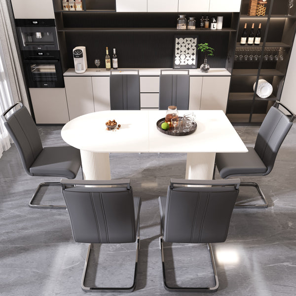 English Elm 63" Cream Mdf Dining Table Set With 6 Pu Armless Chairs & Silver Metal Legs - Modern Elegance! W2189S00434