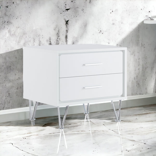 English Elm Deoss Modern White Accent Table with 2 Drawers, Chrome V-Legs, MDF Wood Frame, 40lb Top Capacity B2726P286621