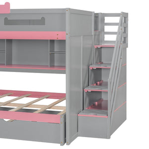 English Elm House-shaped Pine Bunk Bed with Built-in Slide Storage Staircase Twin Over Full Kids Frame Gray N820S00067E