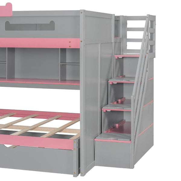English Elm House-shaped Pine Bunk Bed with Built-in Slide Storage Staircase Twin Over Full Kids Frame Gray N820S00067E
