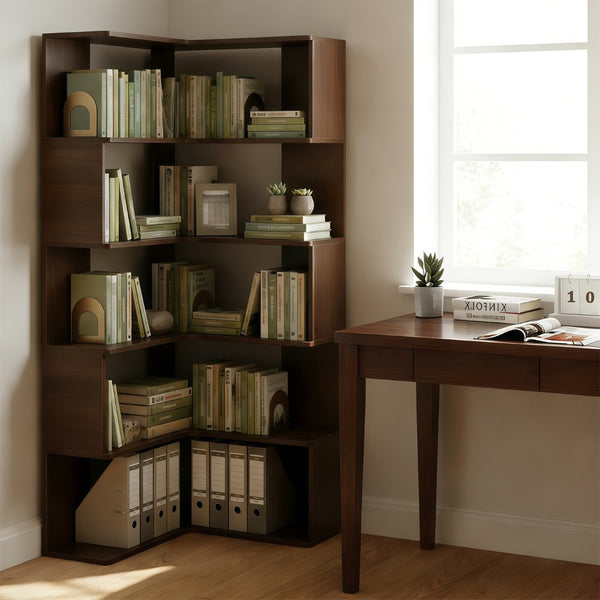 English Elm 6 Tier Corner Bookcase Tall L Shaped Walnut Mdf Open Shelving Unit for Home Office W3204P442028