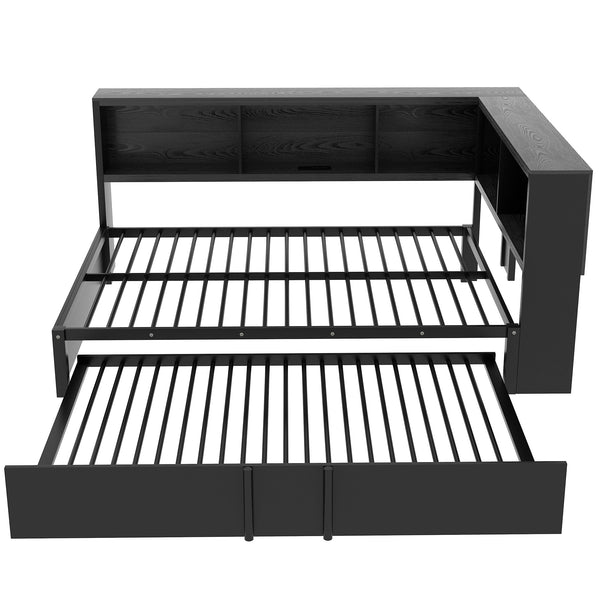 English Elm Metal Full Size Daybed with Trundle, Built-In Storage Cabinets & USB Ports for Small Rooms Black DL001523AAB
