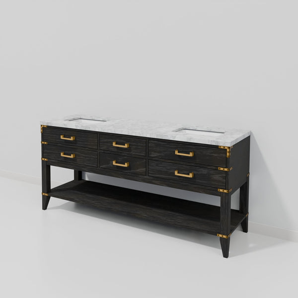English Elm Black Oak Double Bath Vanity With Carrara Marble Top – Elegant Design, Spacious Storage & Soft-Close Drawers B2731P261045