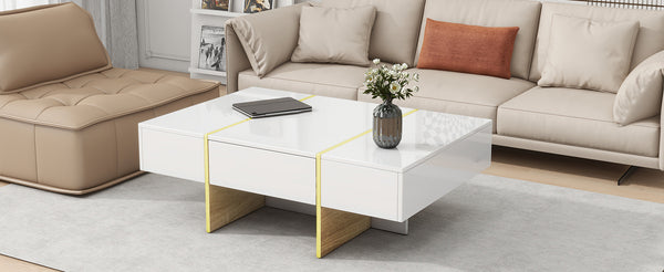 English Elm ON-TREND 47.2" x 31.4" High-Gloss Minimalist Coffee Table with 2 Drawers, Golden Wood-Grain Legs, Modern Centerpiece for Living Room White N721P180693K