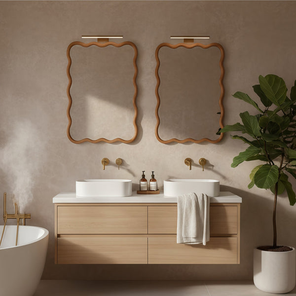 English Elm Yellowish Solid Wood 30"x40" Wavy Rectangle Mirror with Rustic Grain, Tempered Glass, Easy Installable W2203P389069