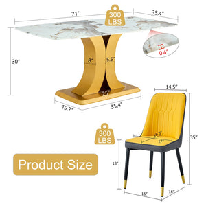 English Elm Table Set: Luxurious 71" Pandora Patterned Glass Dining Table With Golden Legs & 8 Chic Pu Chairs W1151S03245-GIGA