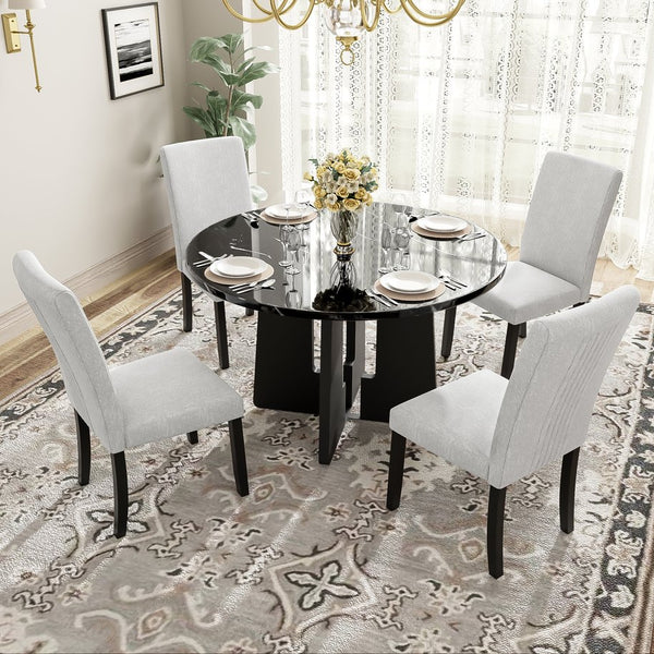 English Elm 5-Piece Round Dining Set with 43" Modern MDF Table and 4 Upholstered Fabric Chairs for Compact Spaces Beige+Black N752S001055A